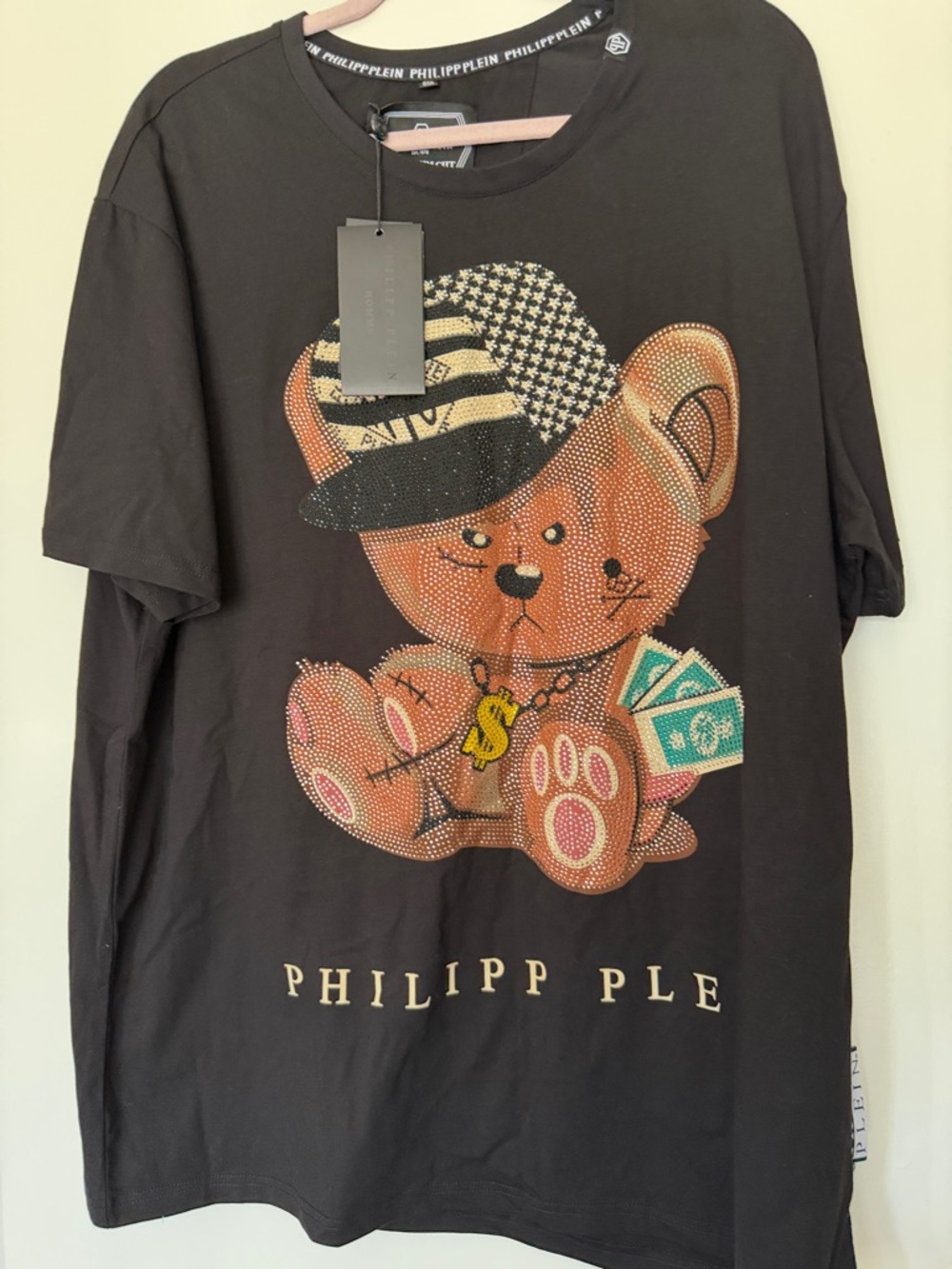 Philipp Plein Black Tee with Studded Teddy and Flag Motif